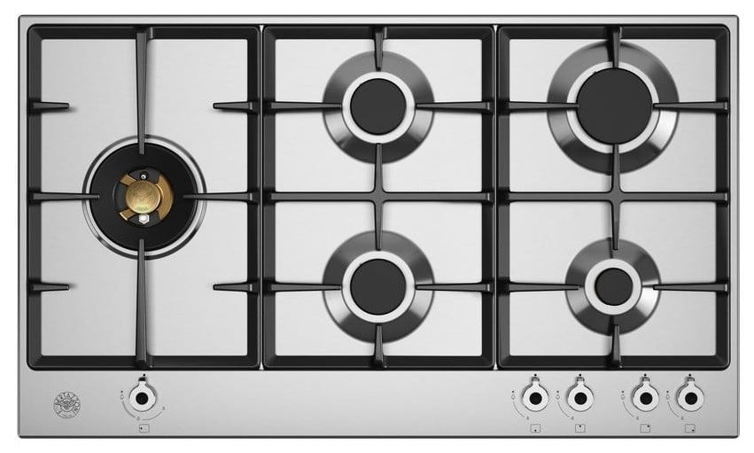 COOKTOP BERTAZZONI PROFESSIONAL P905 LPROX  5 QUEIMADORES PROFISSIONAIS A GÁS COM QUEIMADOR DUAL FLAMEM LATERAL DE 5.000 W 90CM AÇO INOX 220V